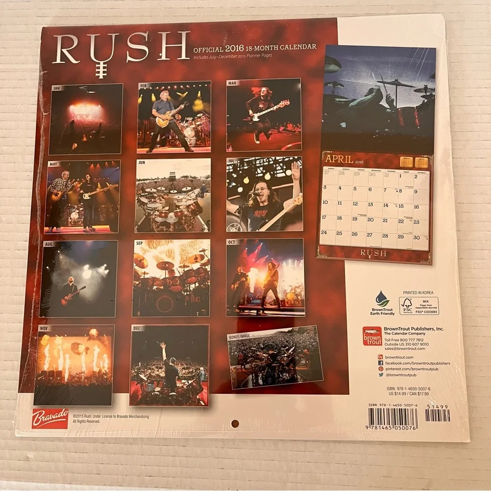 Rush Official 2016 18 Month Wall Calendar Rock Band Trio Pictures Sealed New
